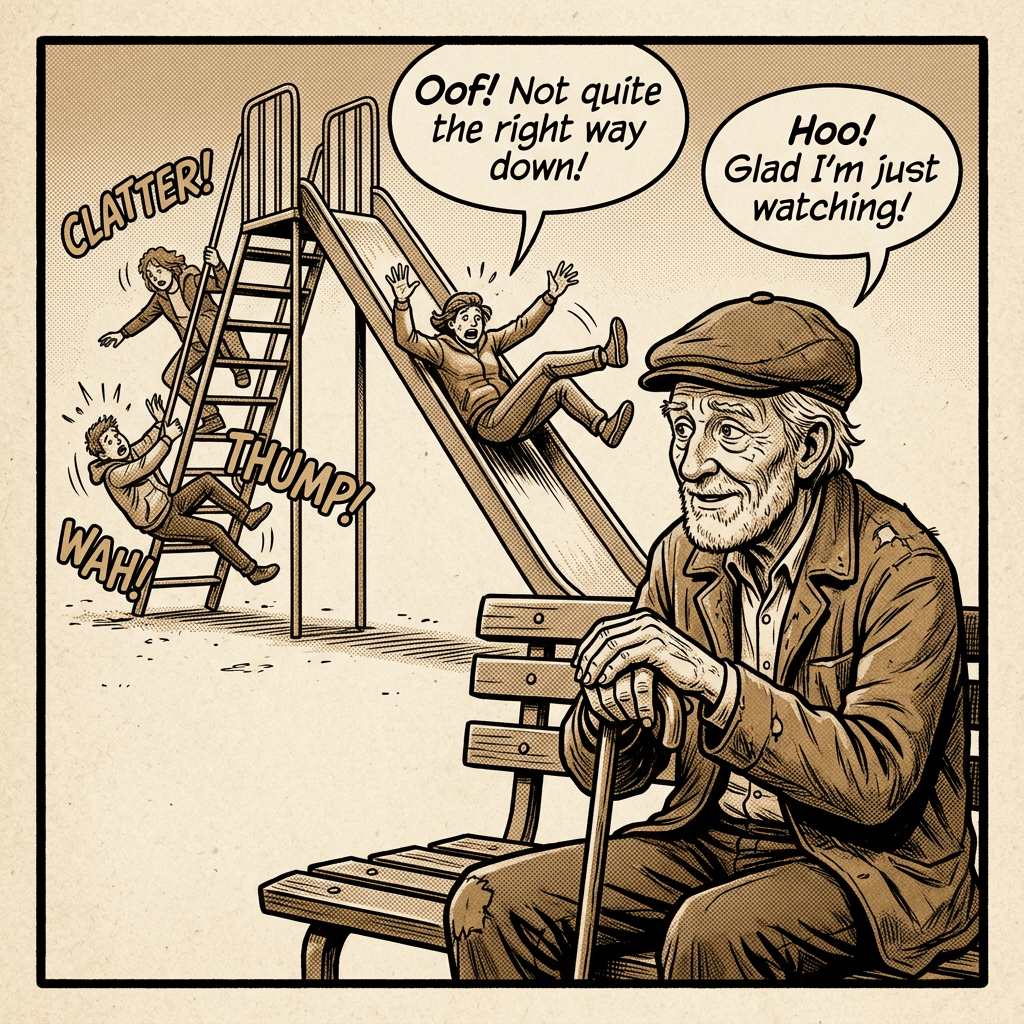 Old man watching people fall from slide stairs sepia