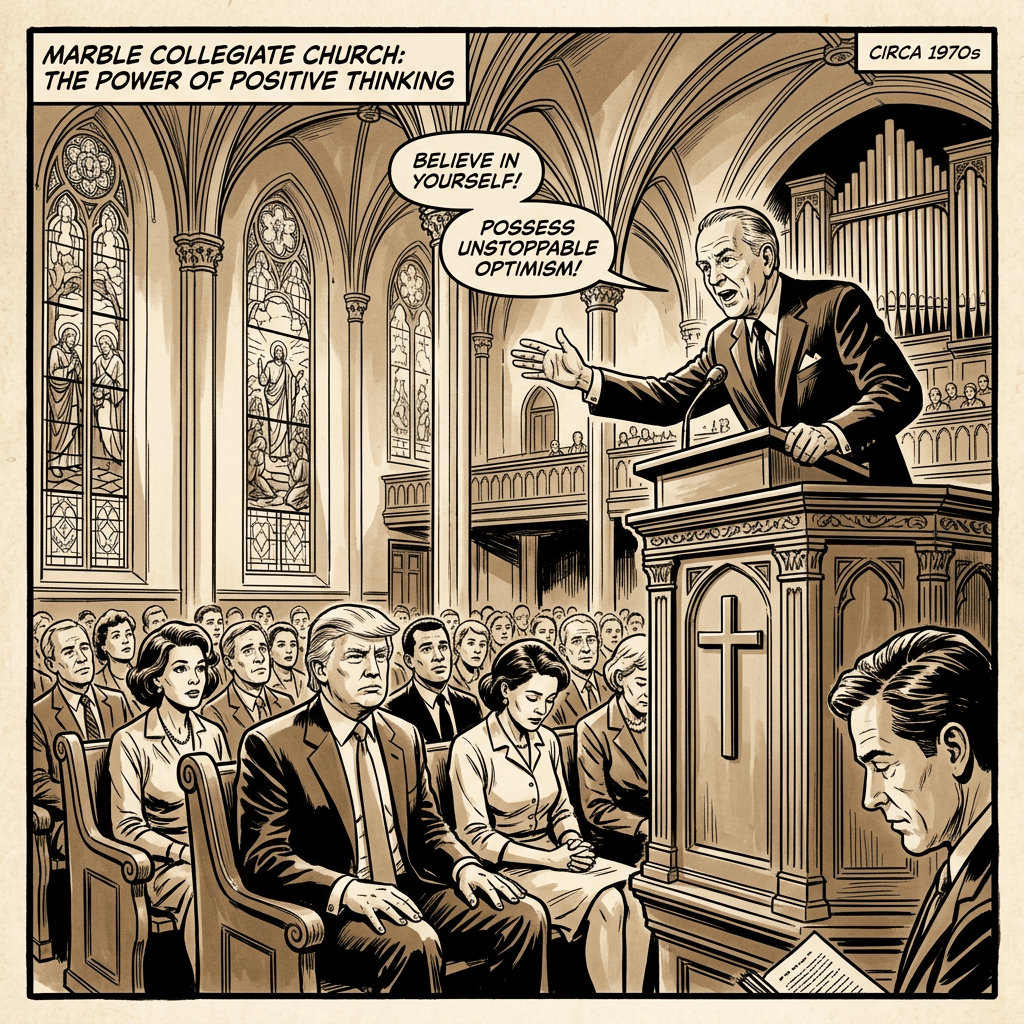 Preacher at pulpit speaks about positive thinking to a congregation in a church with stained glass windows