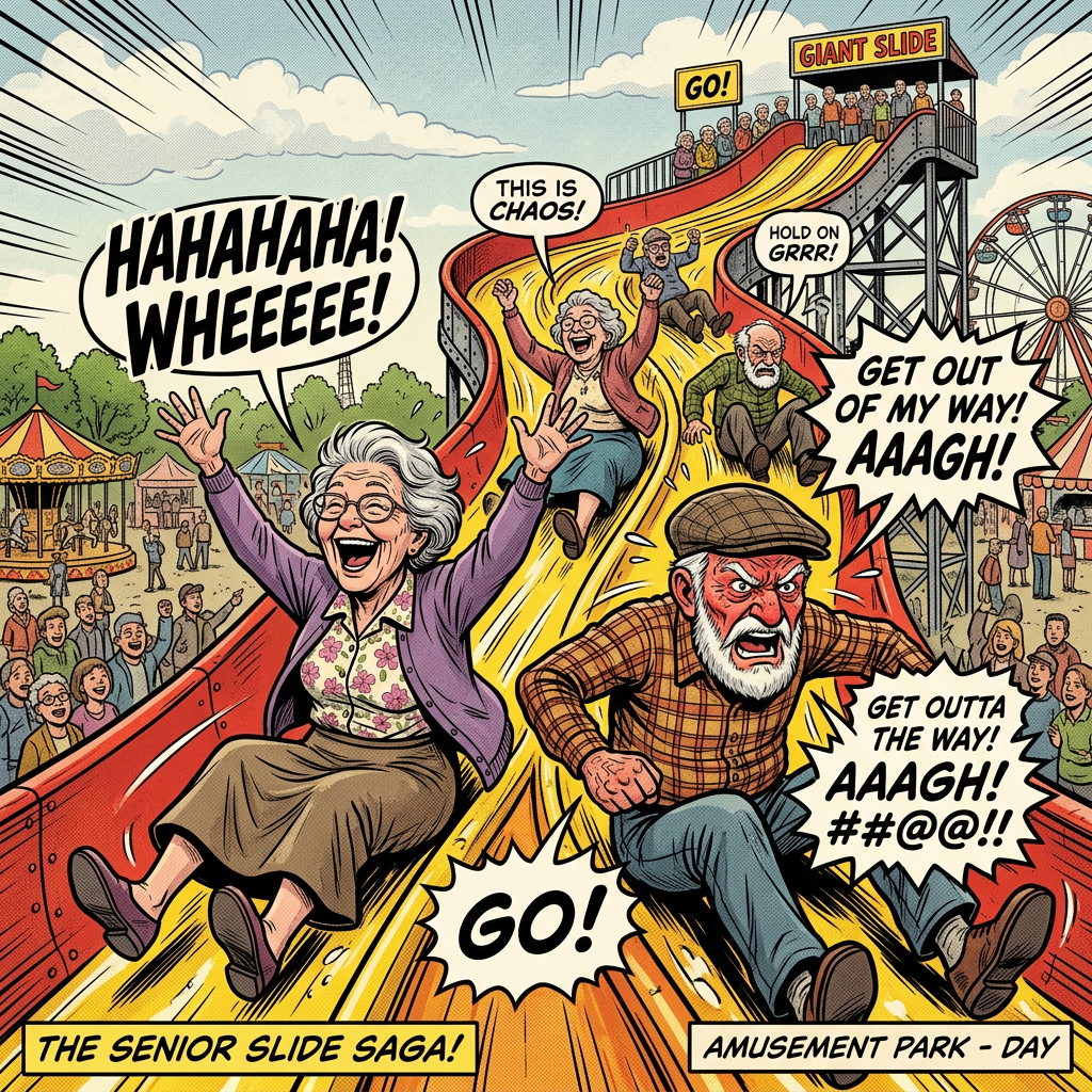 Old folks laughing and angry on giant slide