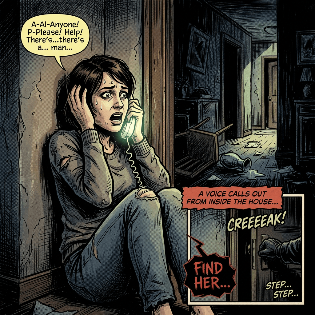 A scared woman on the phone begging for help inside a dark, damaged hallway