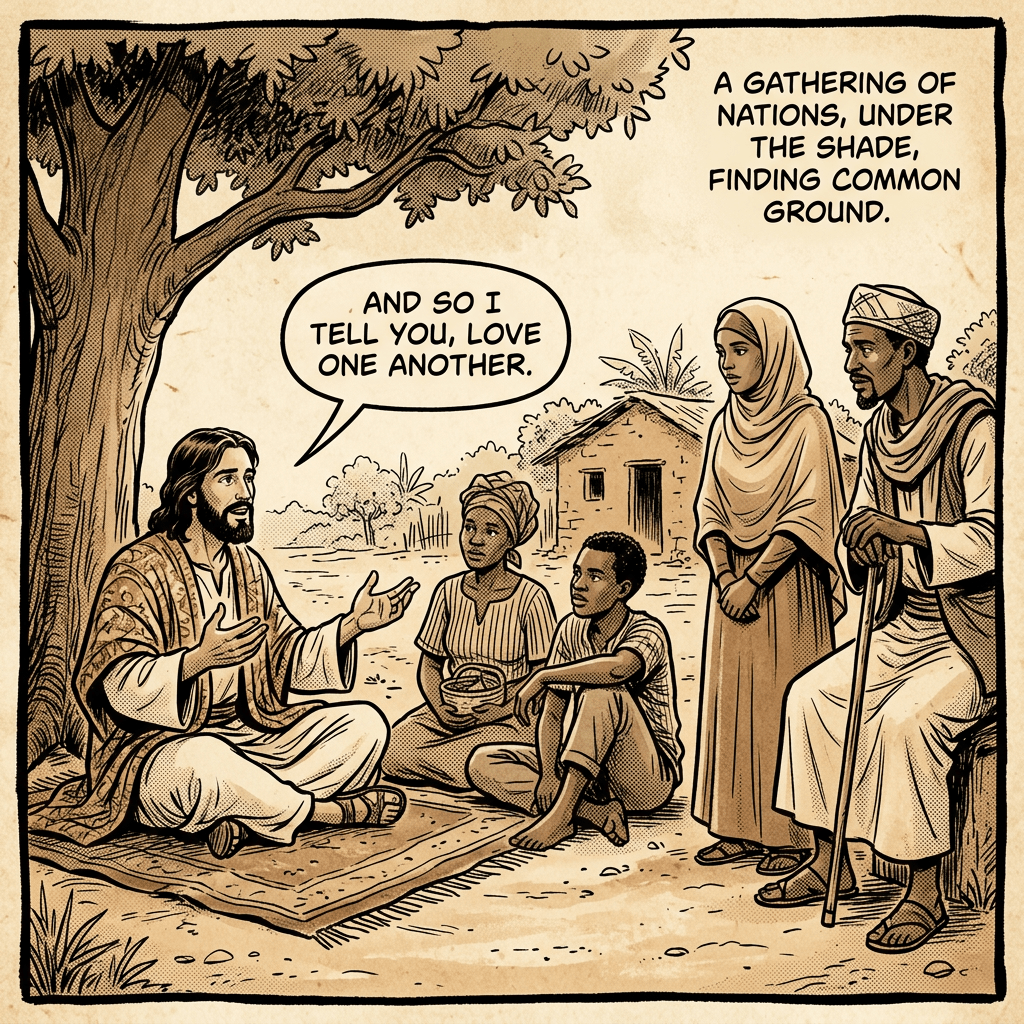 Jesus meeting Haitian and Somali people, sepia tone