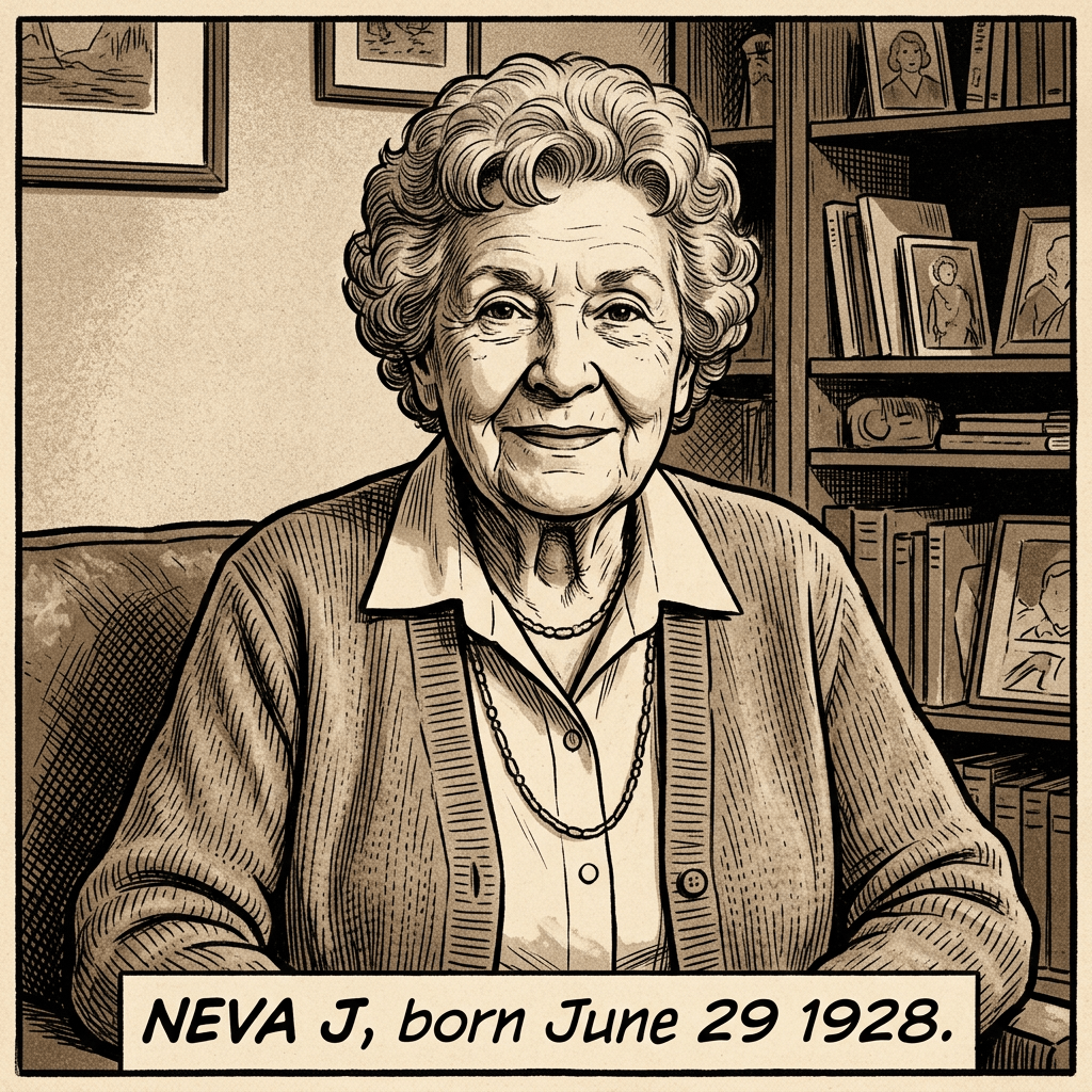 Elderly woman with curly hair wearing a cardigan and necklace, sitting in a room with books and framed photos