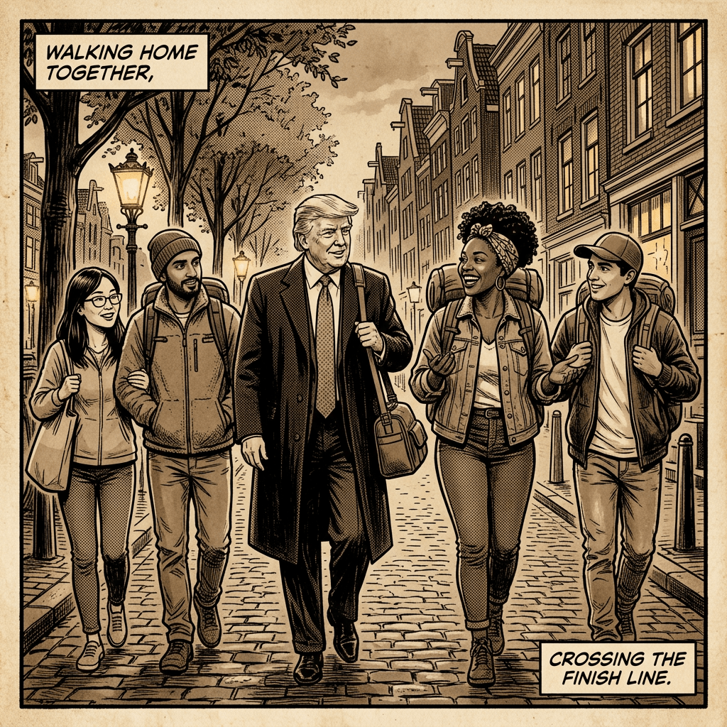 Trump and diverse travelers walking home together sepia