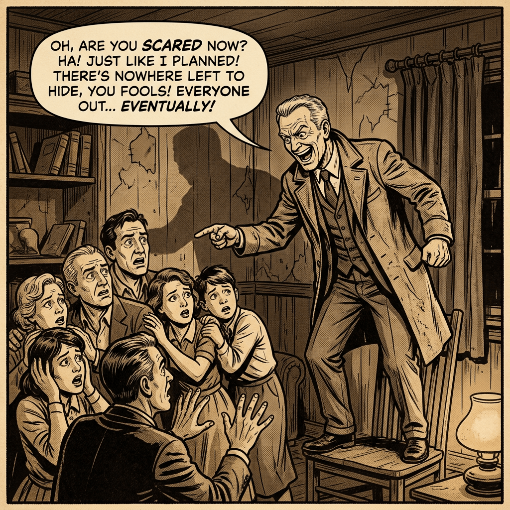 President taunting frightened group in house sepia