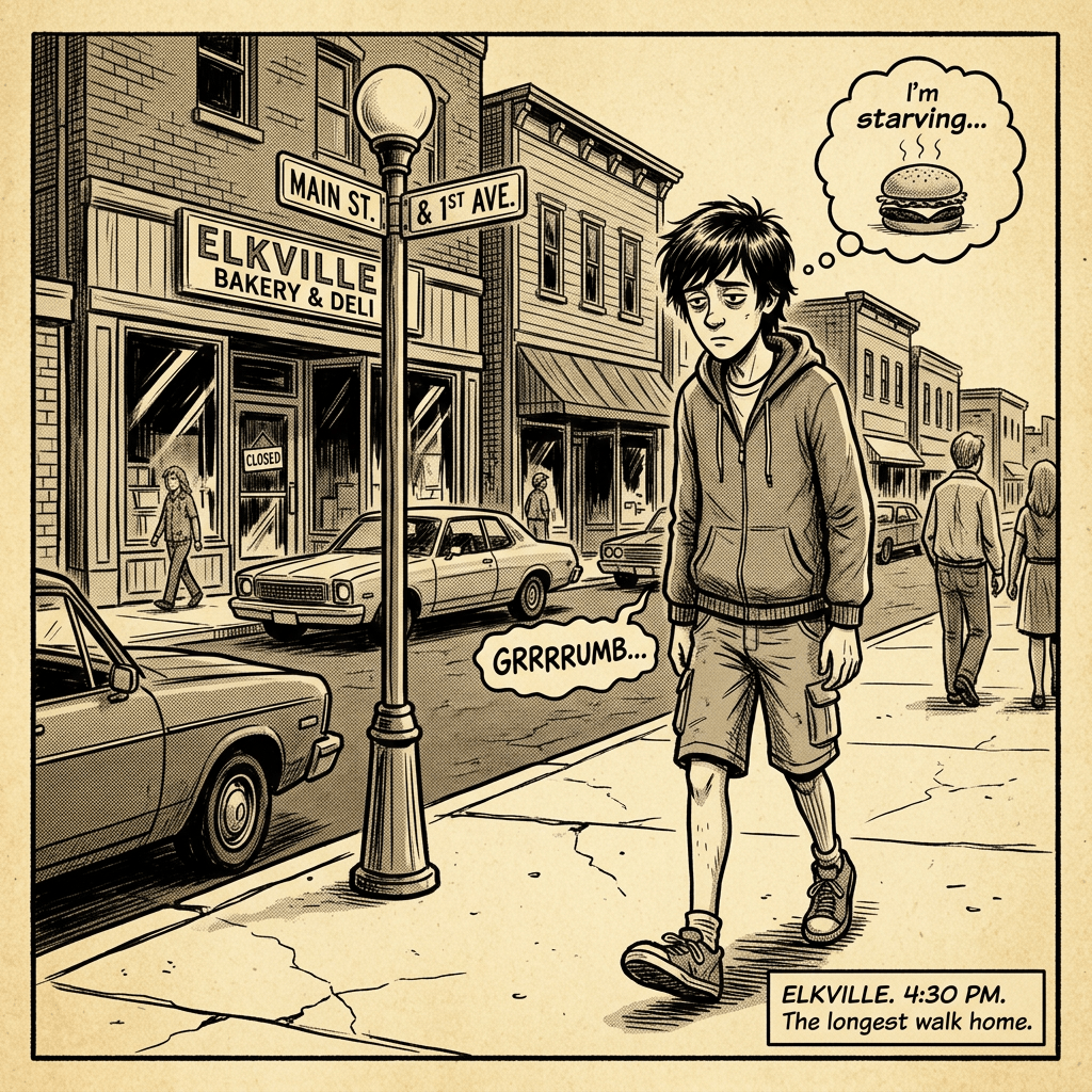 Hungry teen walking Elkville streets, short pants, sepia