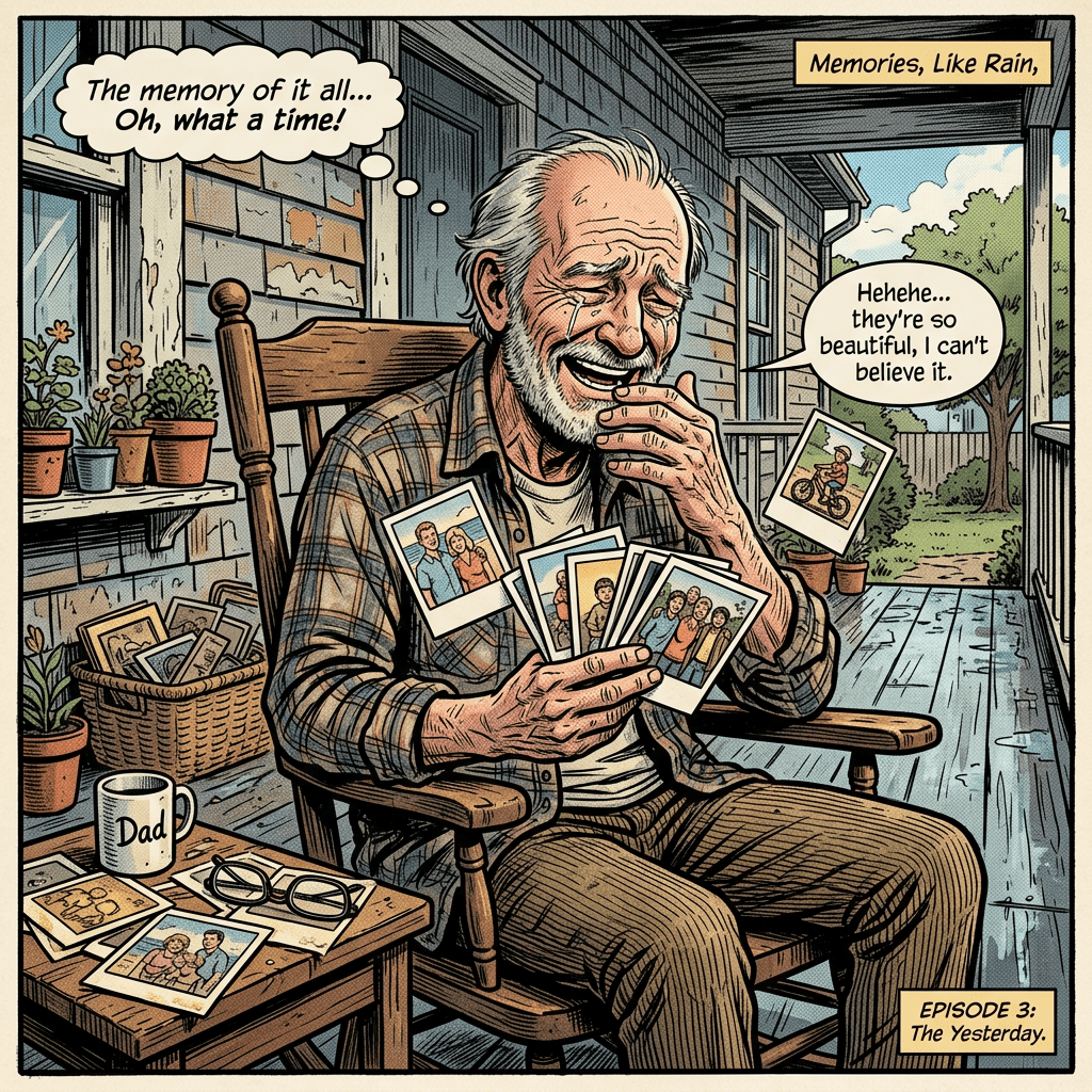 Elderly man sitting on porch holding old family photographs and smiling with tears