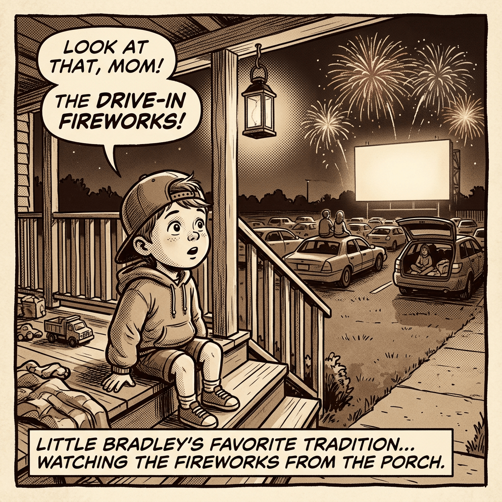 Child sitting on porch steps watching fireworks near a drive-in movie theater