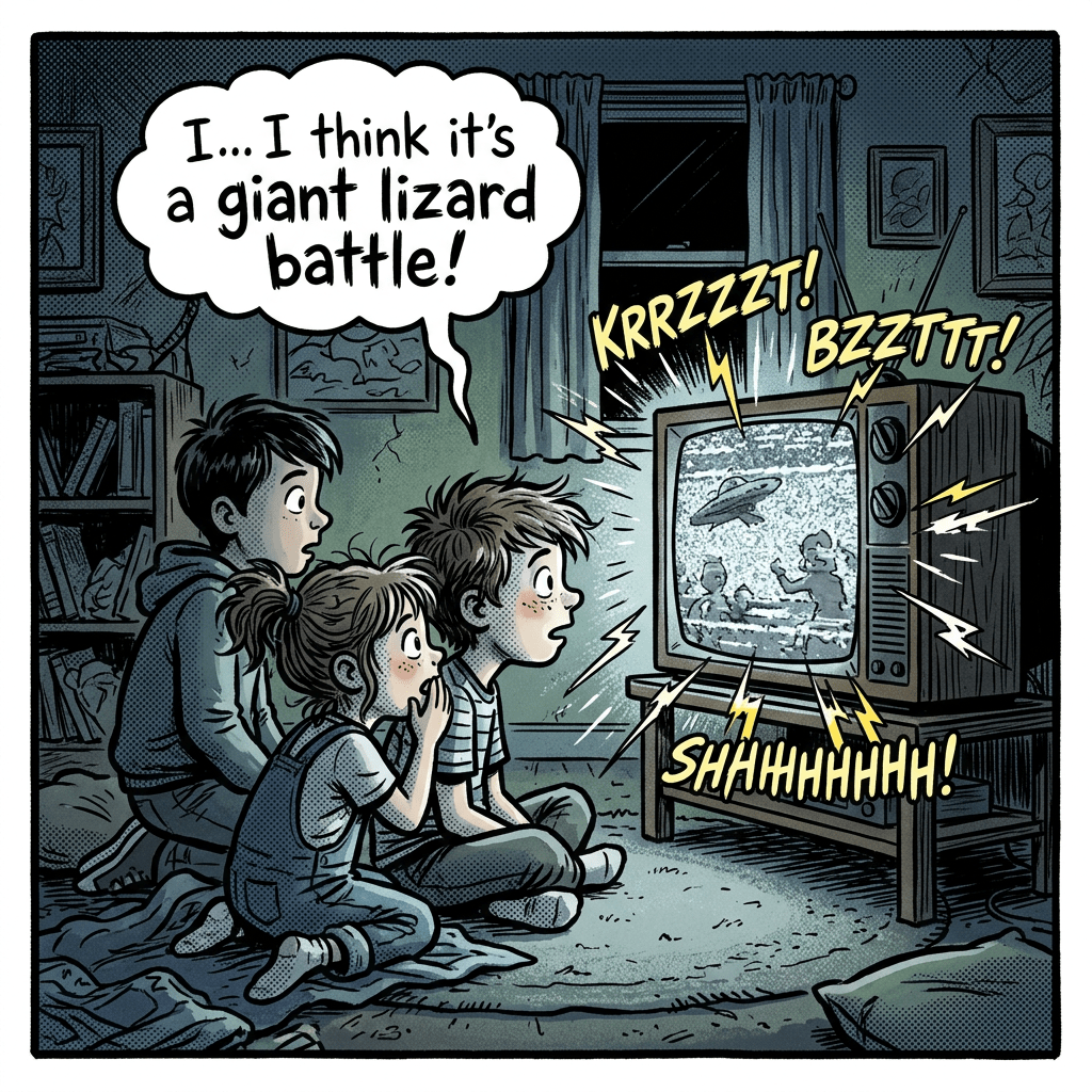 Kids watching snowy black-and-white television