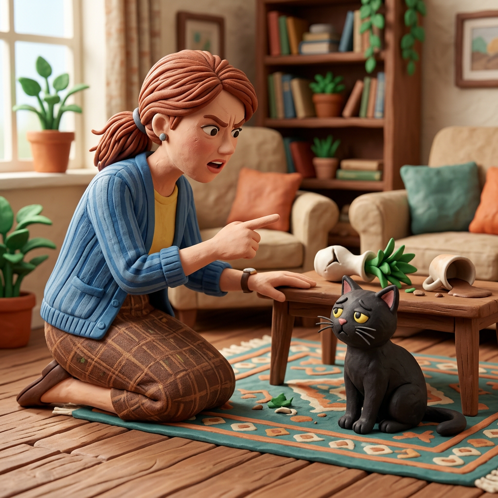 Woman scolding black cat indoors