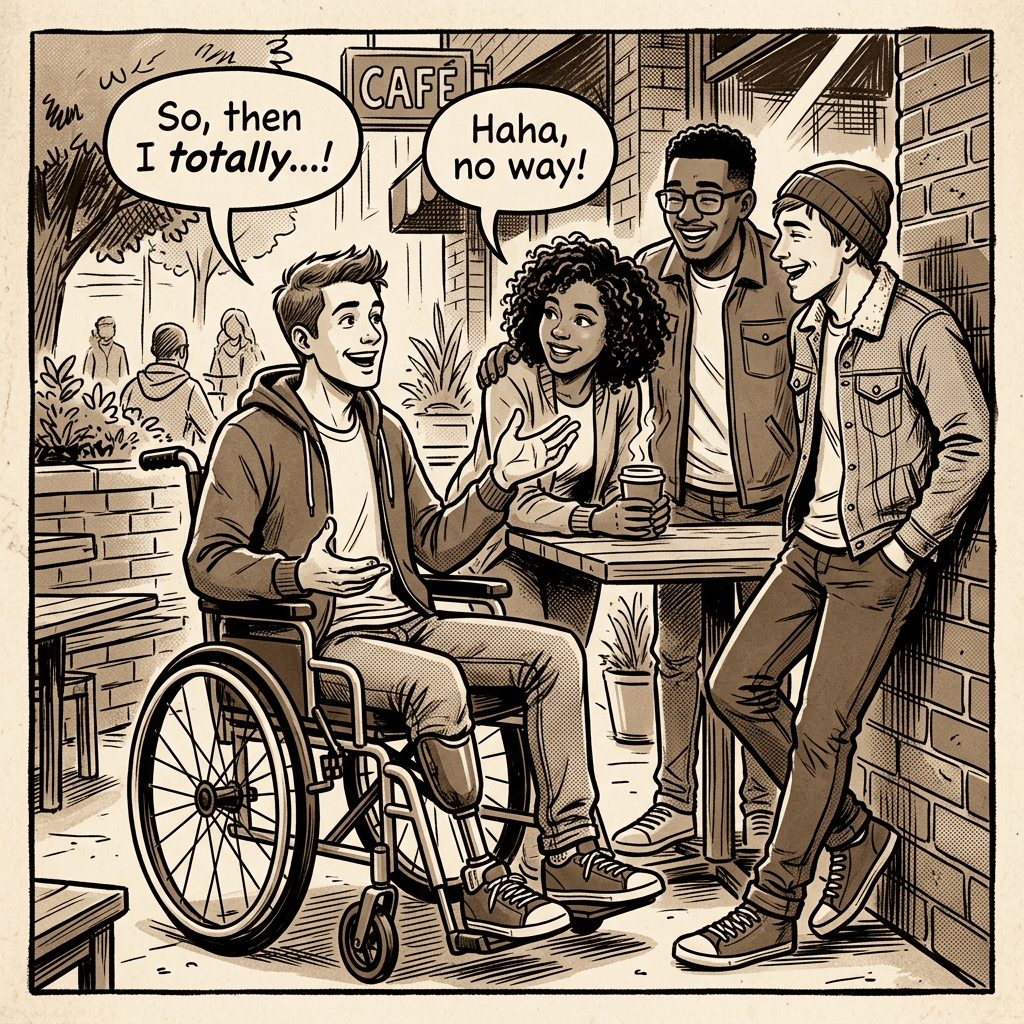 Four friends outdoors, one in wheelchair, talking and laughing near café
