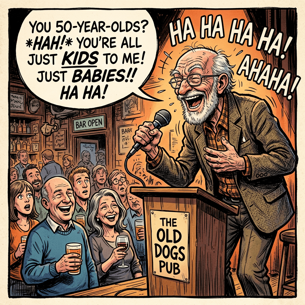 Old man laughing calling 50-year-olds kids