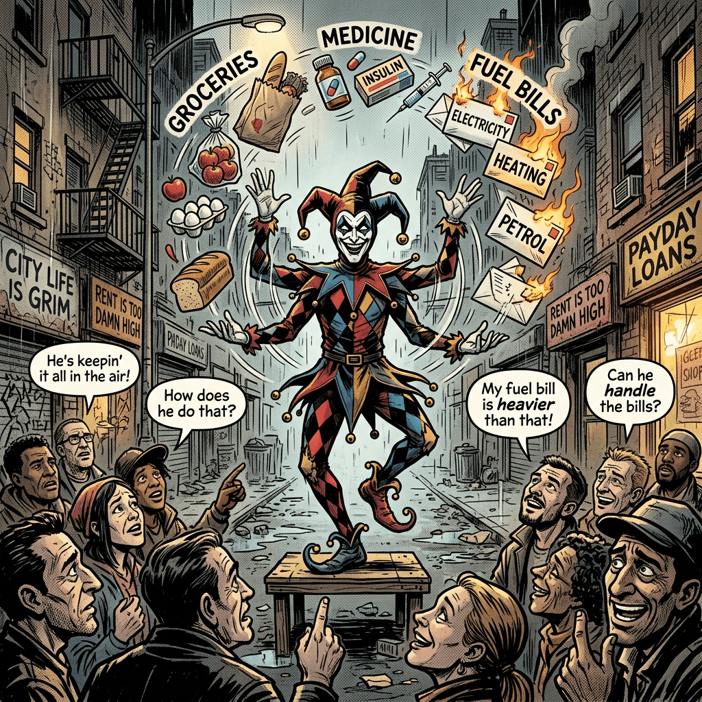 Jester juggling groceries, medicine, and burning fuel bills with people watching in a distressed urban alley