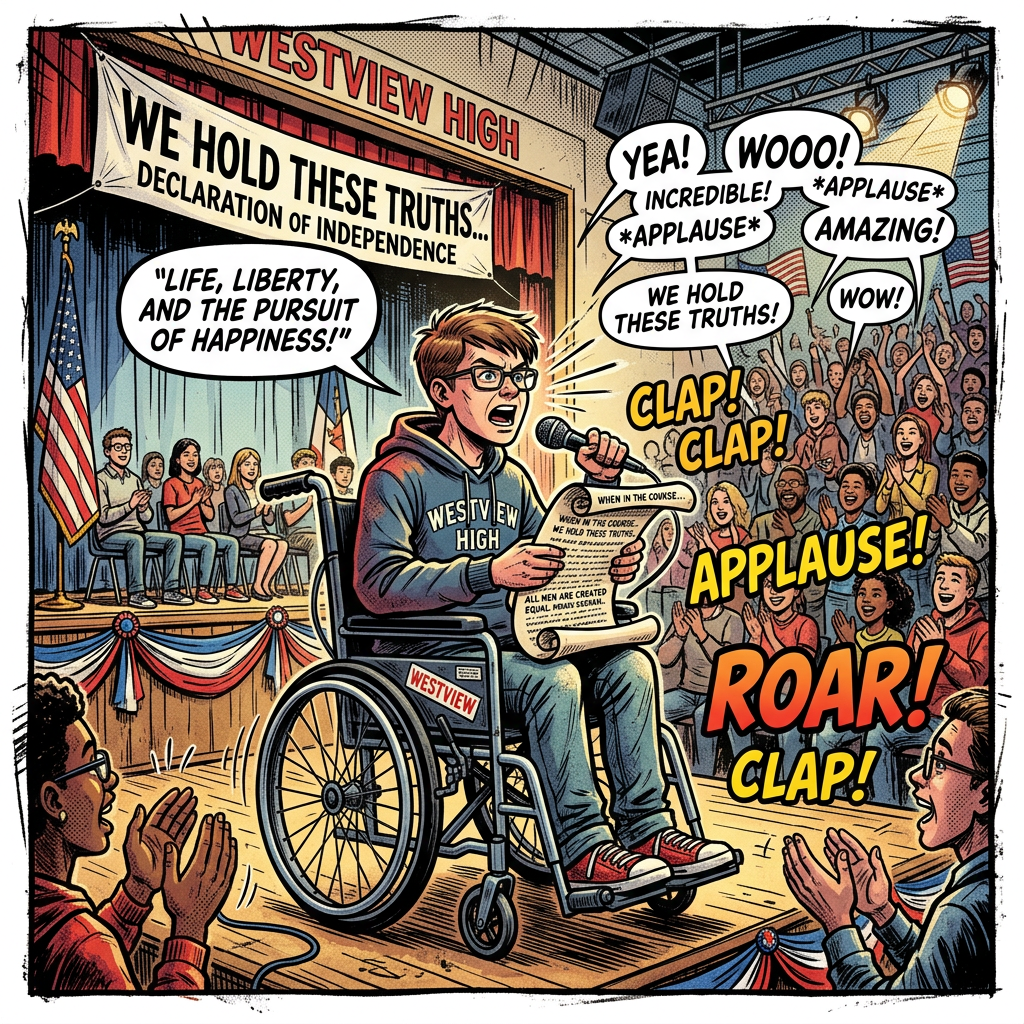Wheelchair student recites Declaration, audience standing ovation