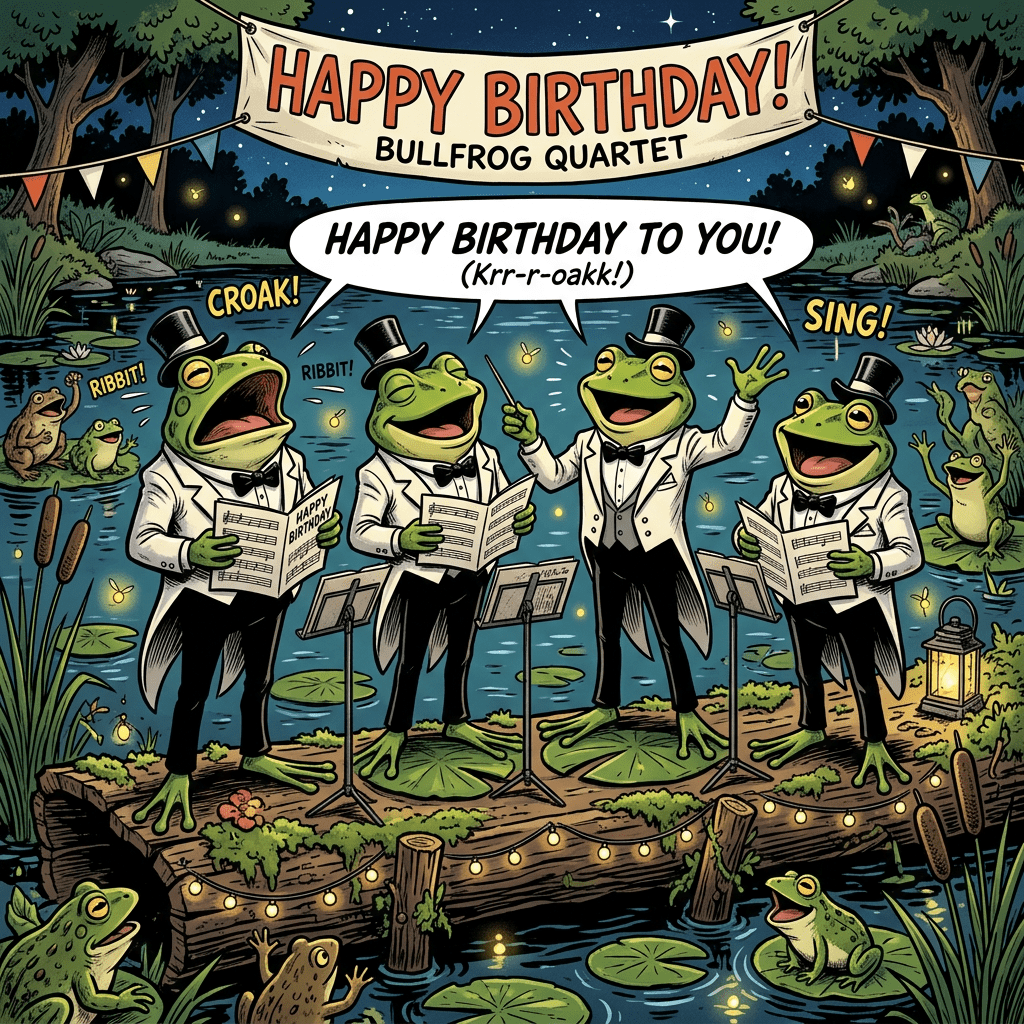 Four frogs in white tuxedos singing Happy Birthday on a wooden dock at night