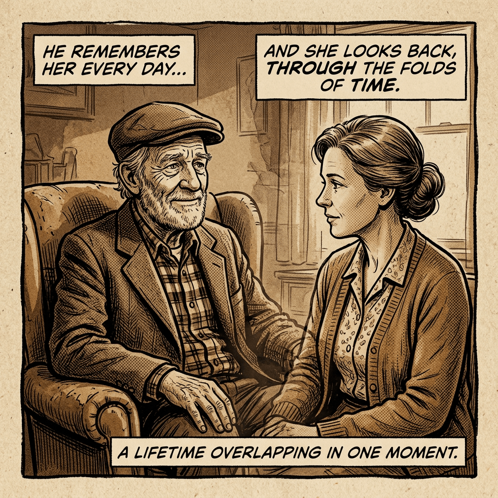 Sepia old man and mother watching; time overlapping