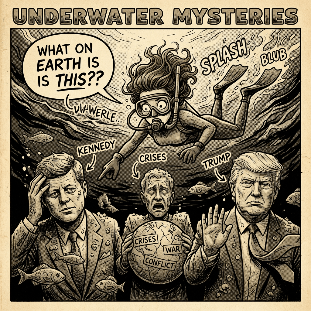 Diver underwater looking surprised at statues of Kennedy, a crisis figure holding a globe labeled crises war conflict, and Trump