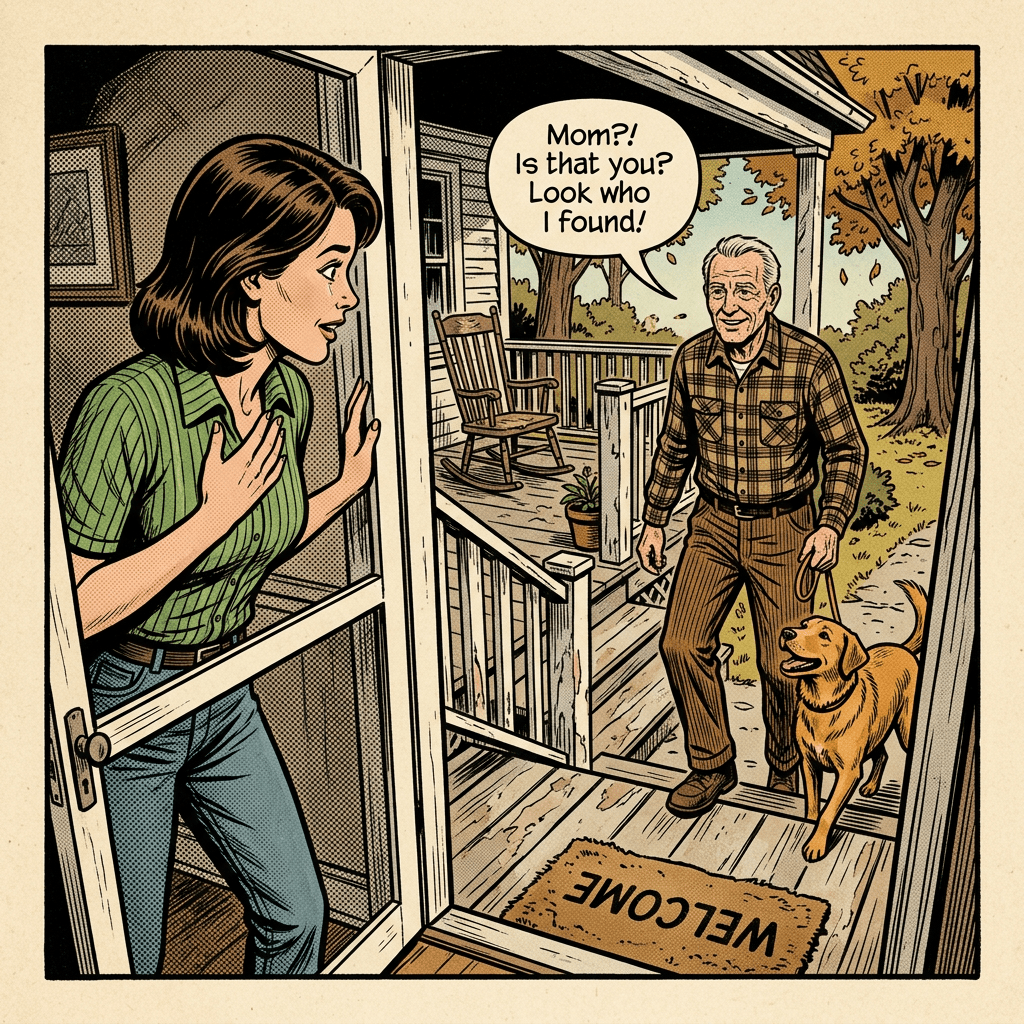 Woman opening door to greet elderly man holding a dog's leash on a porch with a welcome mat