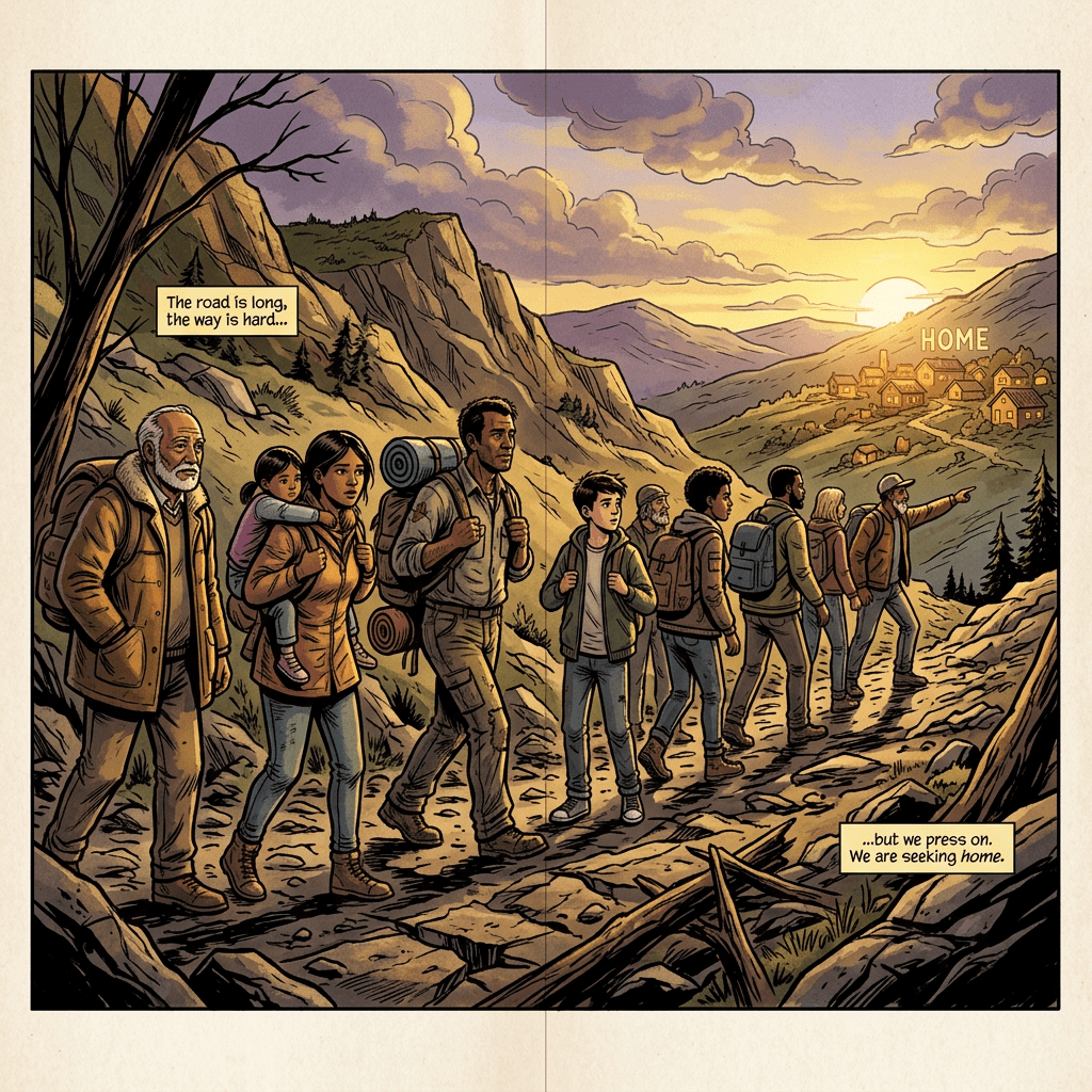 A group of people hiking a rocky mountain path at sunset toward a village labeled home