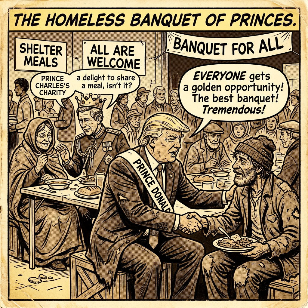 Homeless banquet with Trump and princes sepia