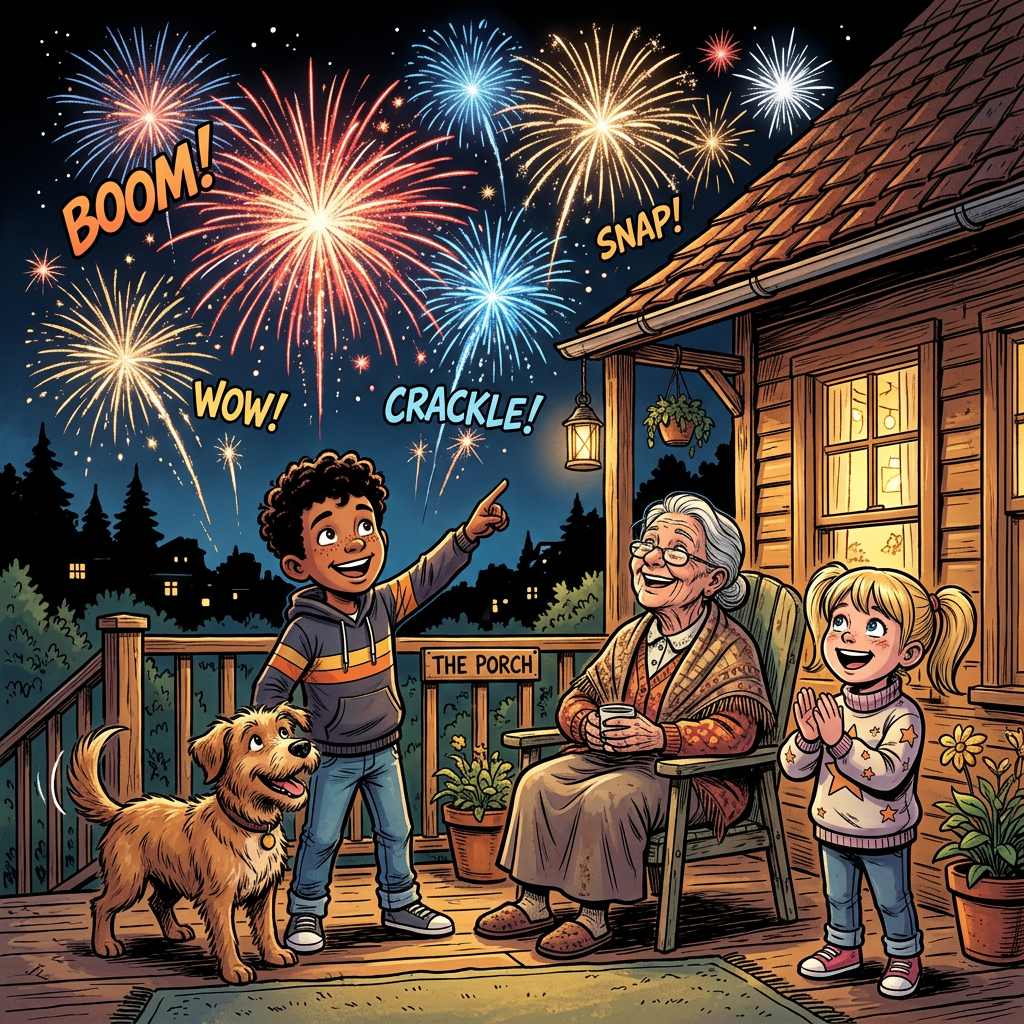 Jay, Yoopi, Neva June, Grandma watching fireworks porch
