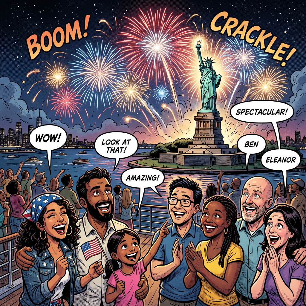 People watching fireworks near the Statue of Liberty with expressions of awe and excitement