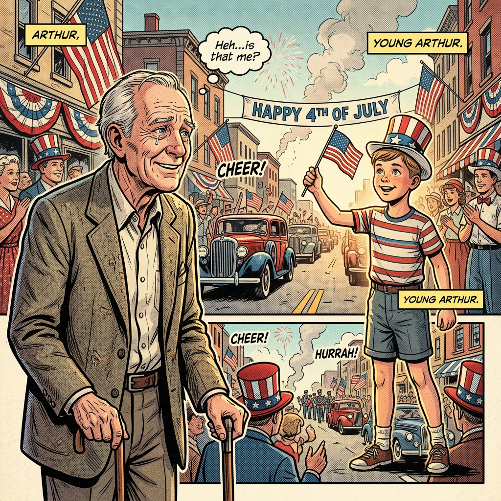 Old man sees childhood self before Fourth of July