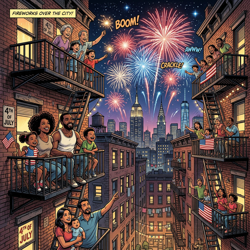 People watching colorful 4th of July fireworks from apartment balconies in a city