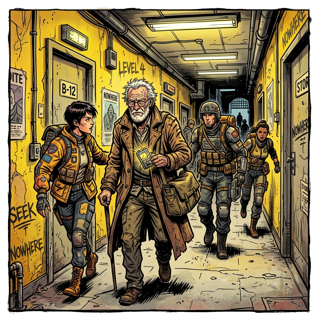 Four people walking through a yellow underground corridor labeled Level 4, one elderly man holding a glowing device.