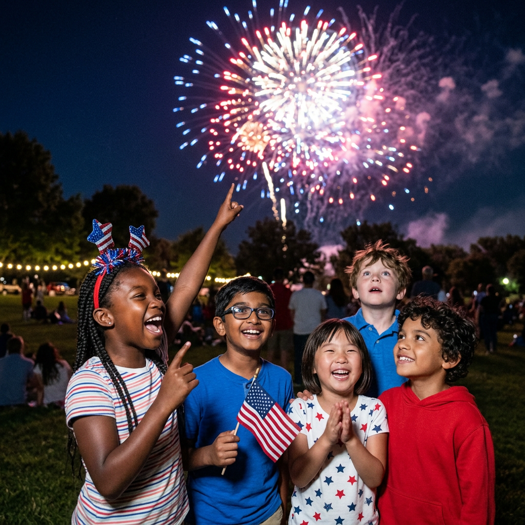 Five children smiling and watching red, white, and blue fireworks at night