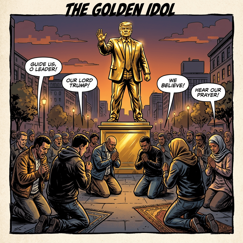 People kneeling and praying around a golden statue of Trump in a city plaza at sunset