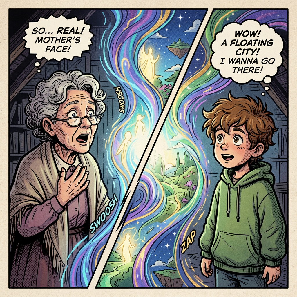 Elderly woman and boy looking at glowing floating figures and a floating city in a magical swirl