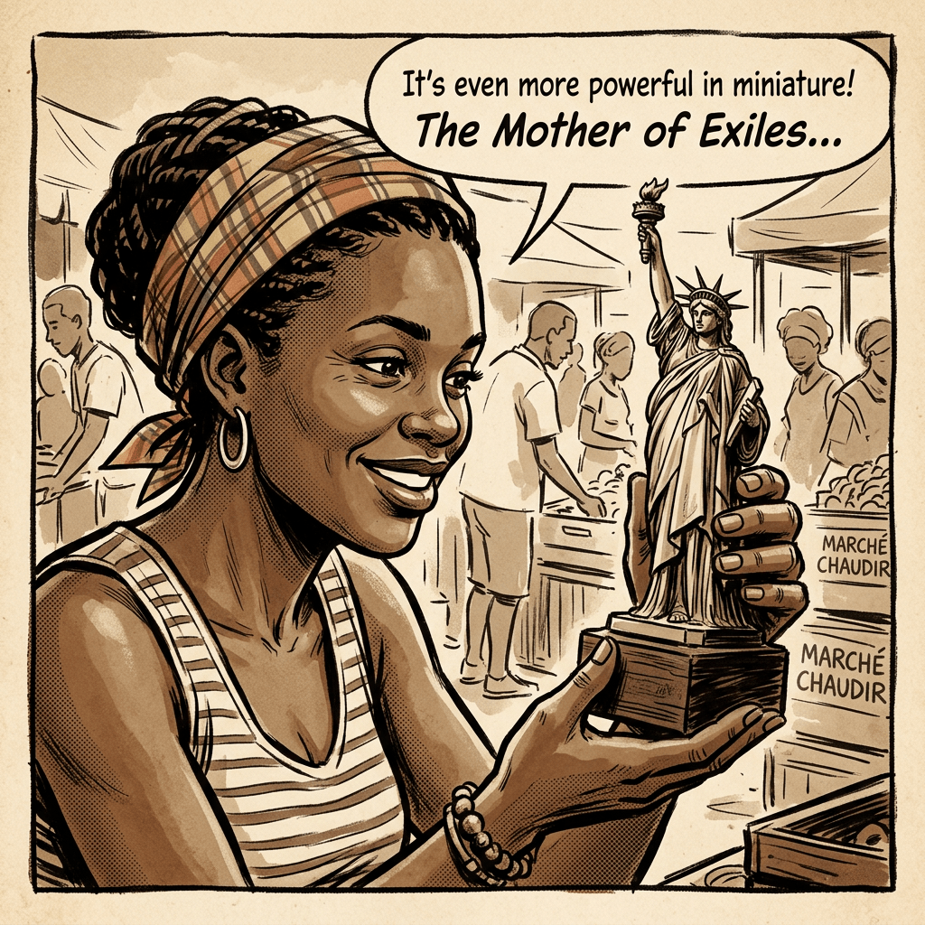 Woman holding a miniature Statue of Liberty figurine, smiling