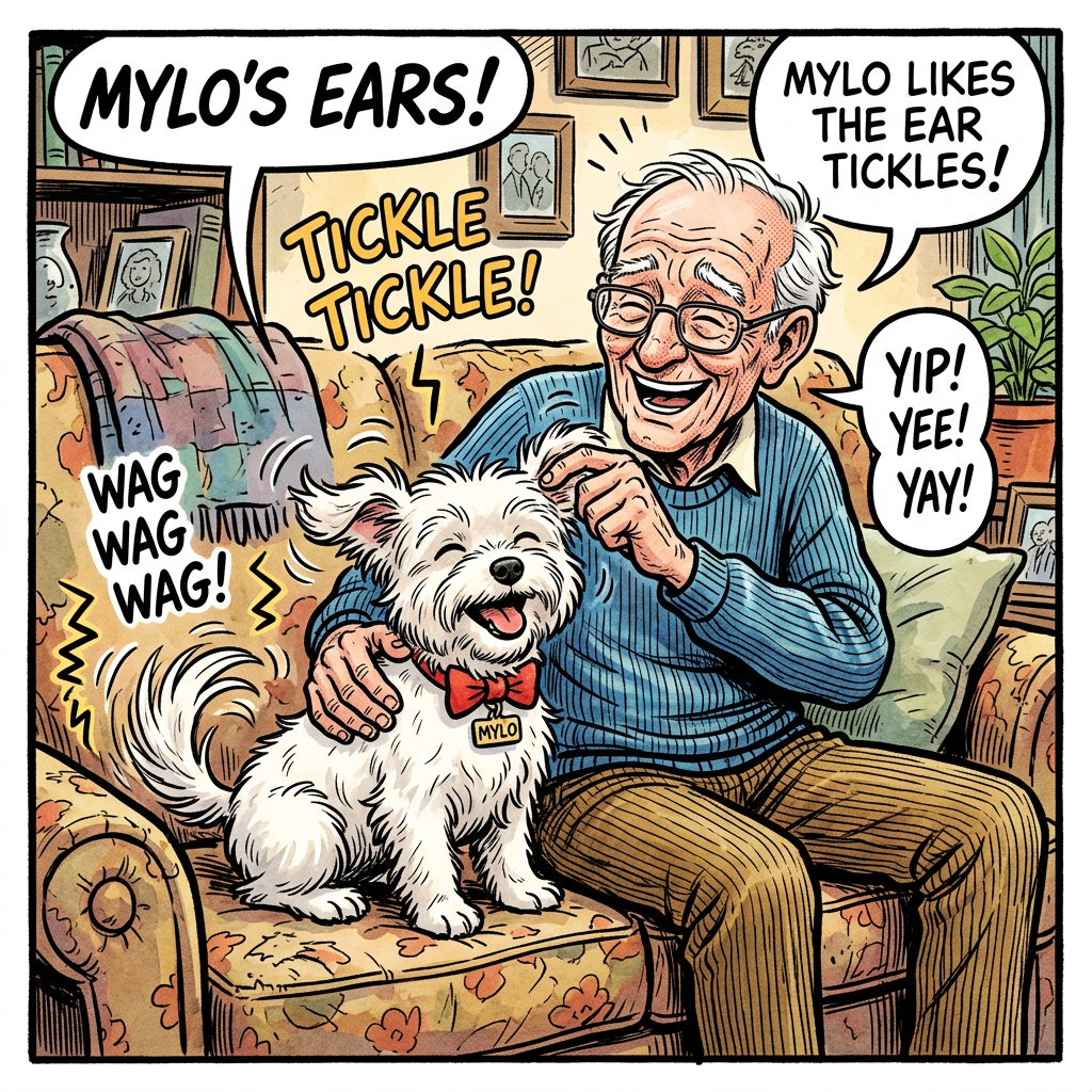 Elderly man tickling ears of small white dog named Mylo on a couch