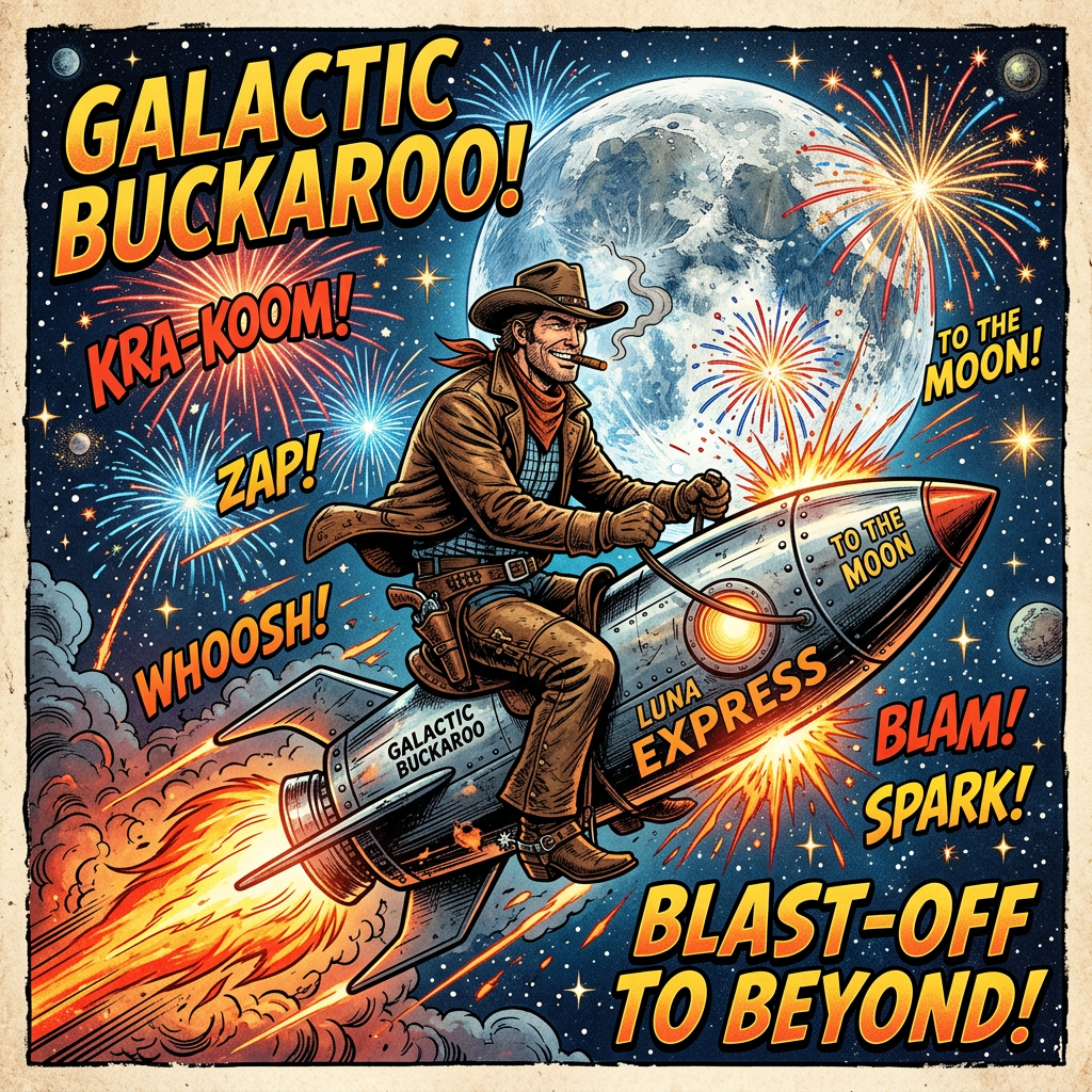 Cowboy smoking a cigar riding a rocket labeled Luna Express and Galactic Buckaroo, blasting off to the moon with fireworks and space background
