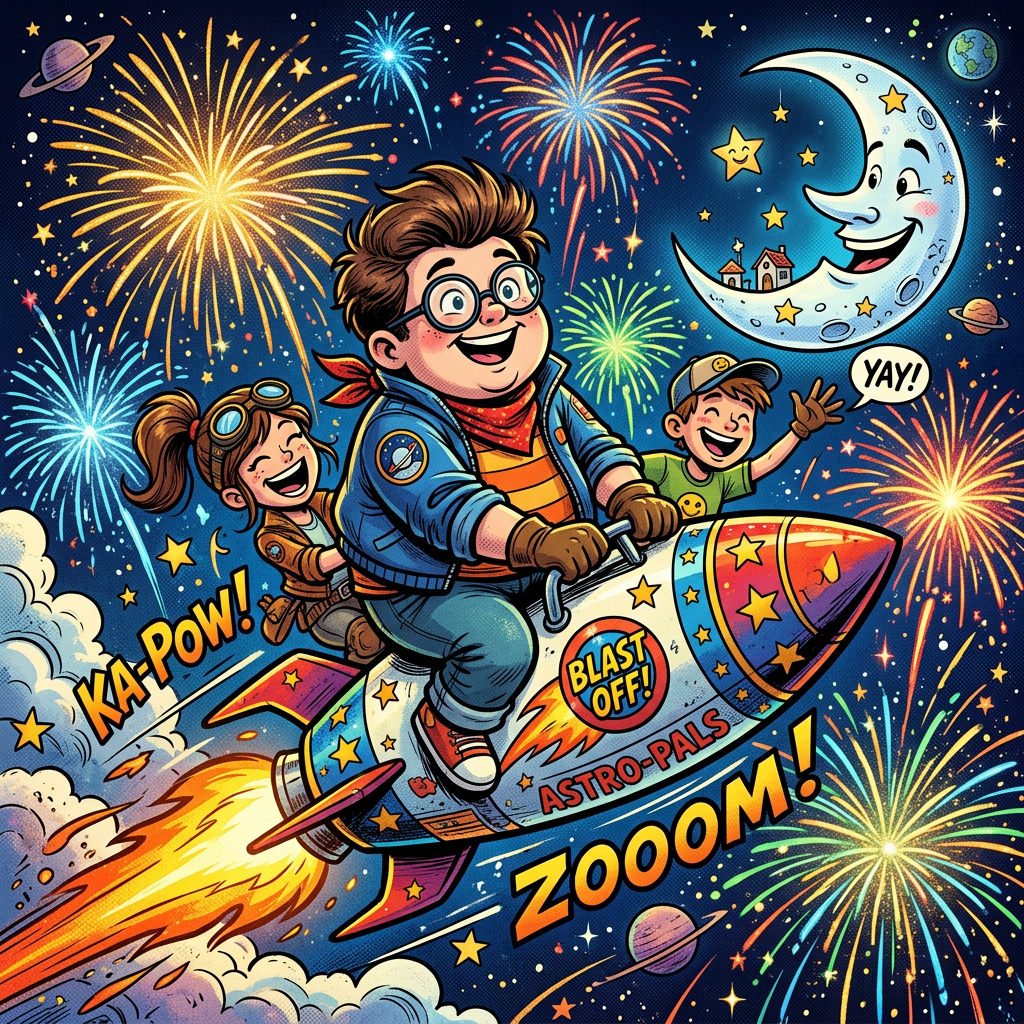 Three children riding a decorated rocket with fireworks and smiling moon in space