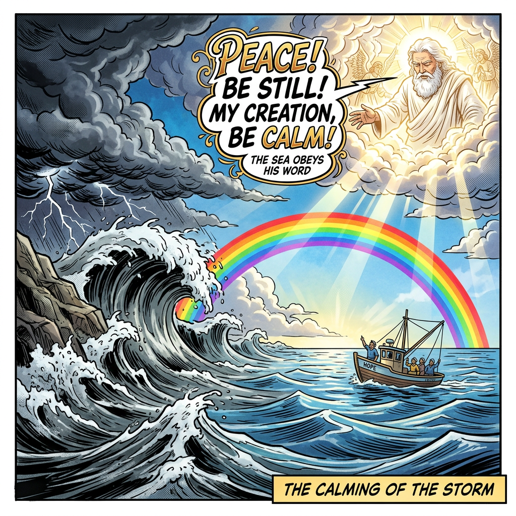 Divine figure calming a violent ocean storm with lightning and waves while a boat named Hope sails under a rainbow.