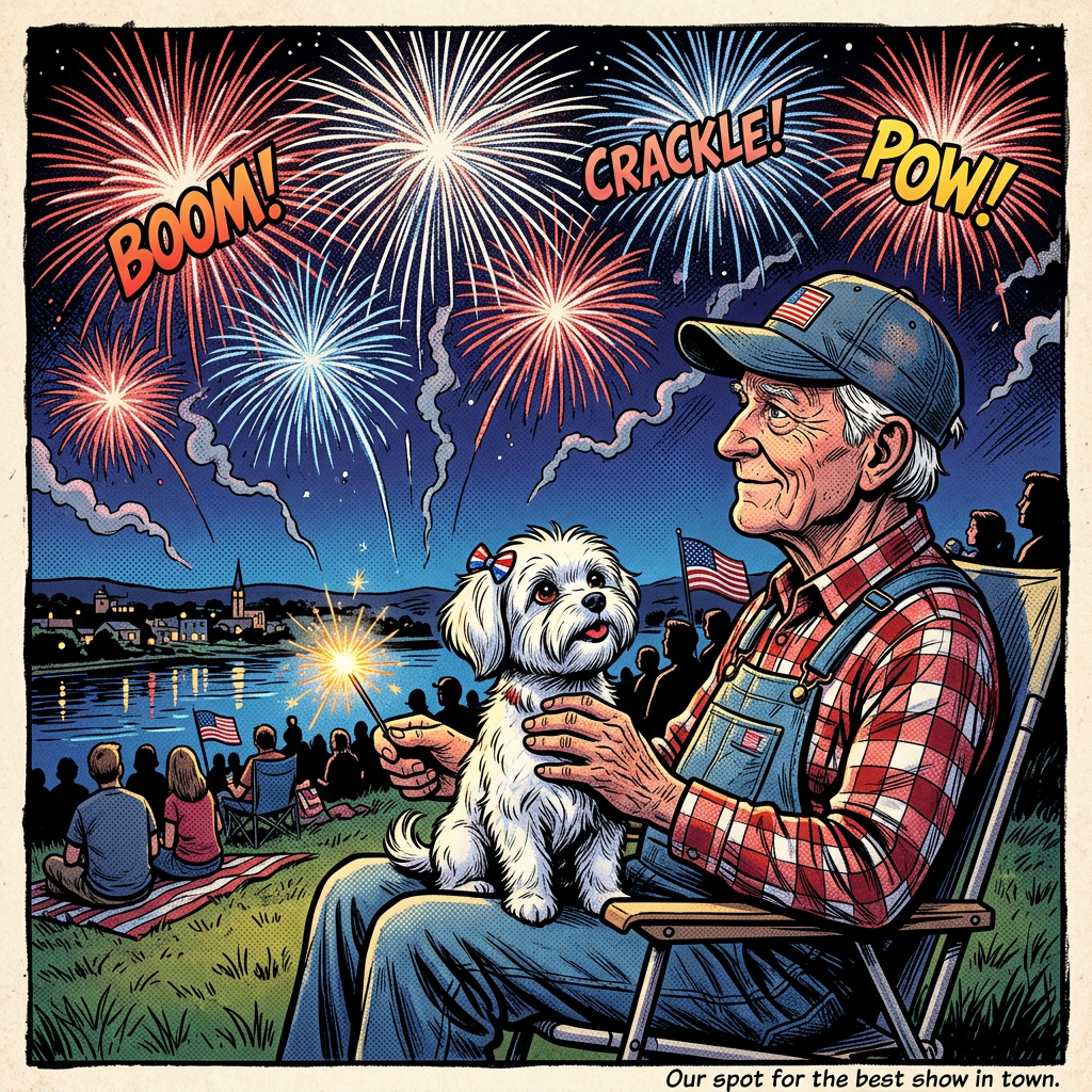 Elderly man holding a sparkler with a small dog on his lap watching fireworks by the water
