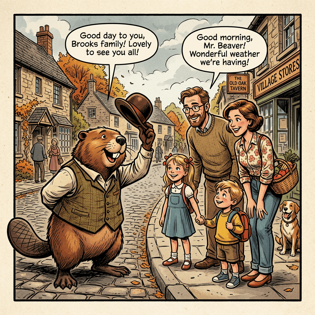 Beaver tipping hat greeting a family on a village street