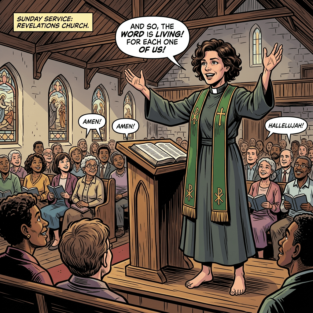 Minister preaching barefoot in Revelations Church with congregation responding