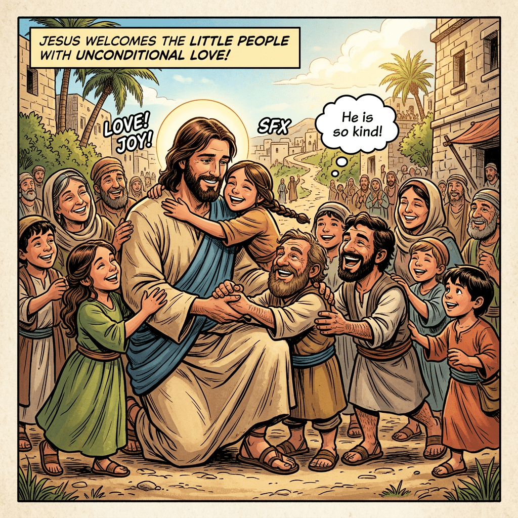Little people gather around Jesus lovingly