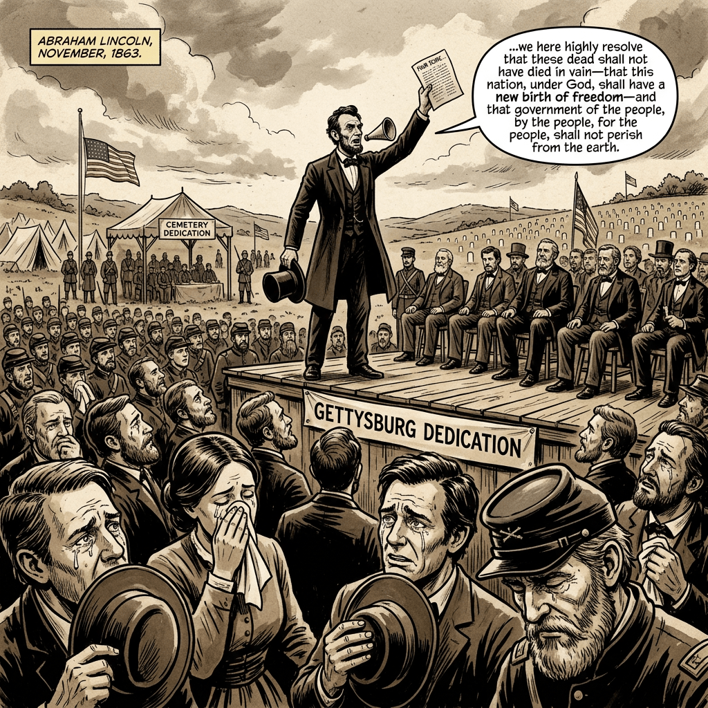 Lincoln delivering Gettysburg Address, moved crowd, sepia