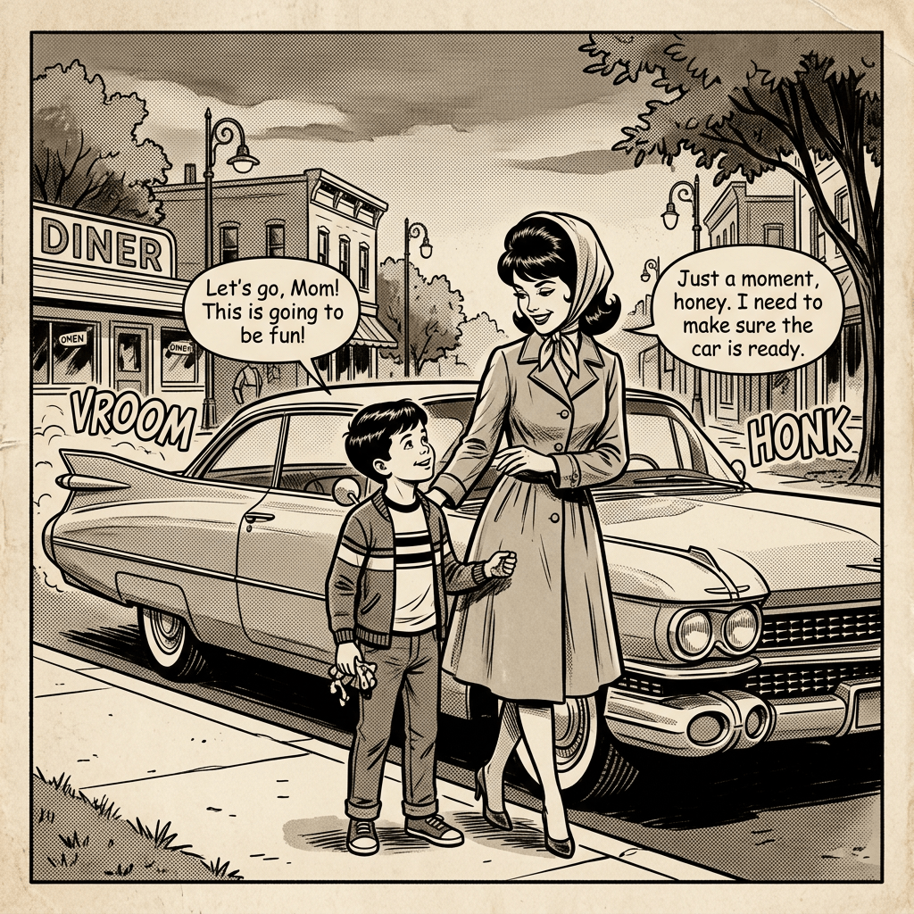 Mother and son standing by classic car with dialogue about car readiness and excitement