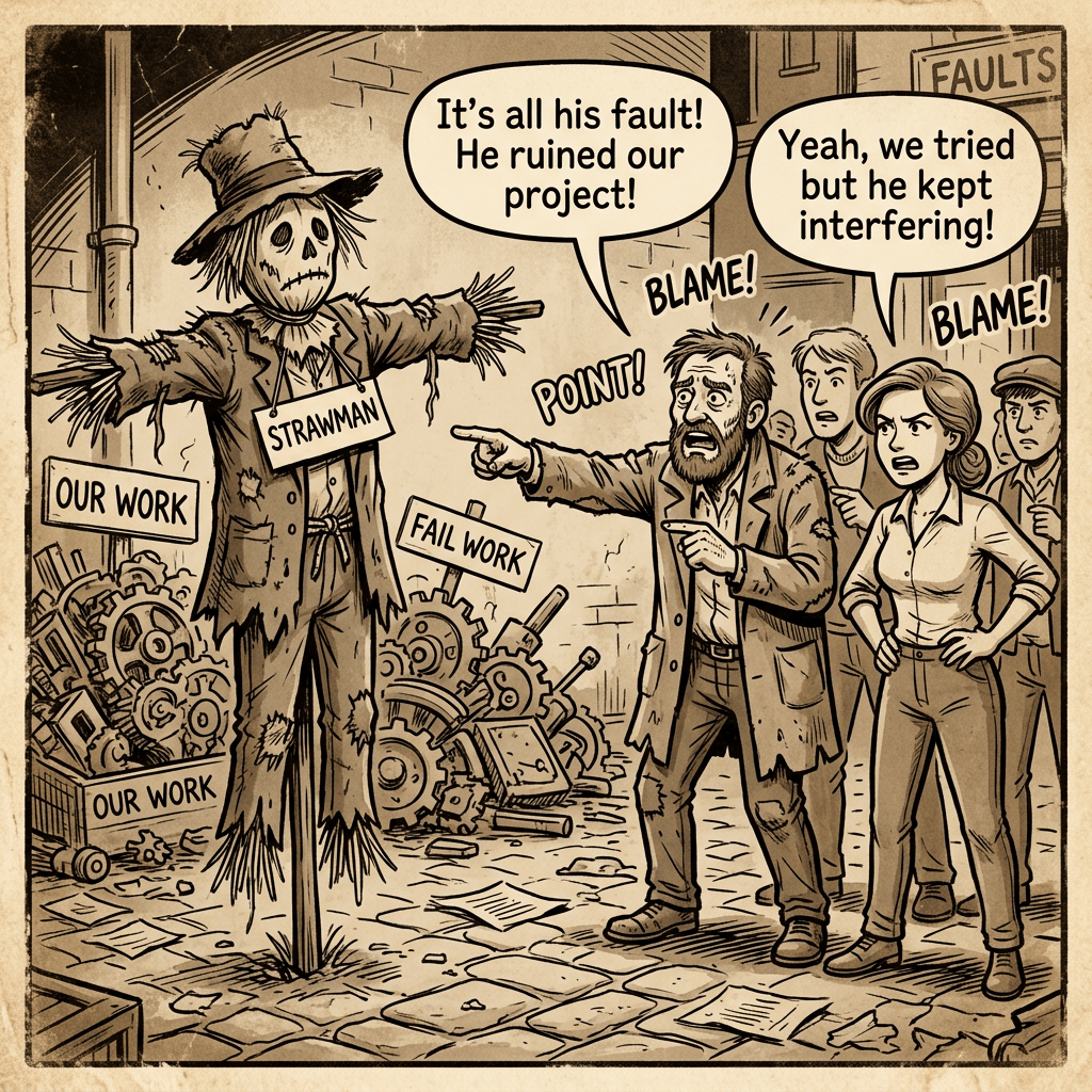 People pointing and blaming a strawman labeled 'Strawman' standing between boxes labeled 'Our Work' and 'Fail Work'