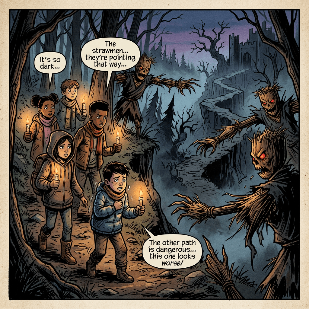 Five children holding candles face glowing, menacing strawmen pointing to a twisting path toward a dark castle.