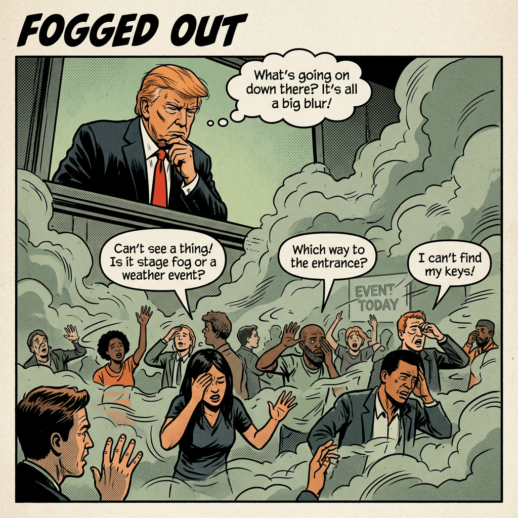 Trump watches as fog confuses crowd