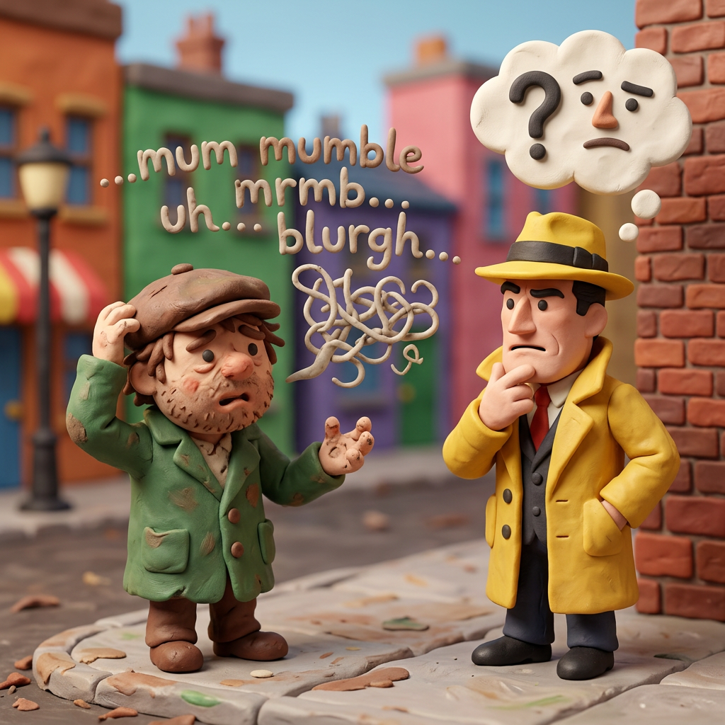 Detective in yellow coat listening to confused man mumbling incoherently