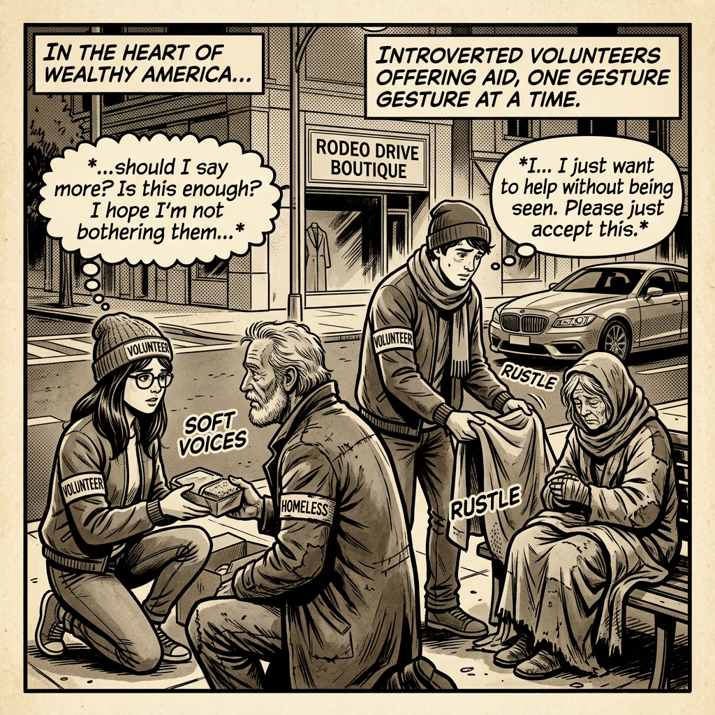 Two volunteers discreetly giving food and clothing to homeless people outside a boutique