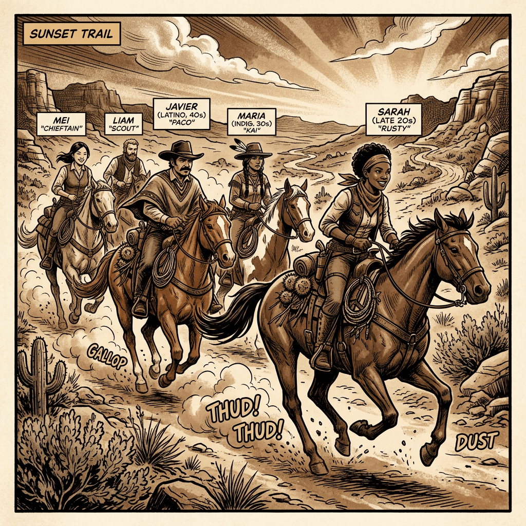 Five diverse horseback riders named Mei, Liam, Javier, Maria, and Sarah riding at sunset through rocky terrain.