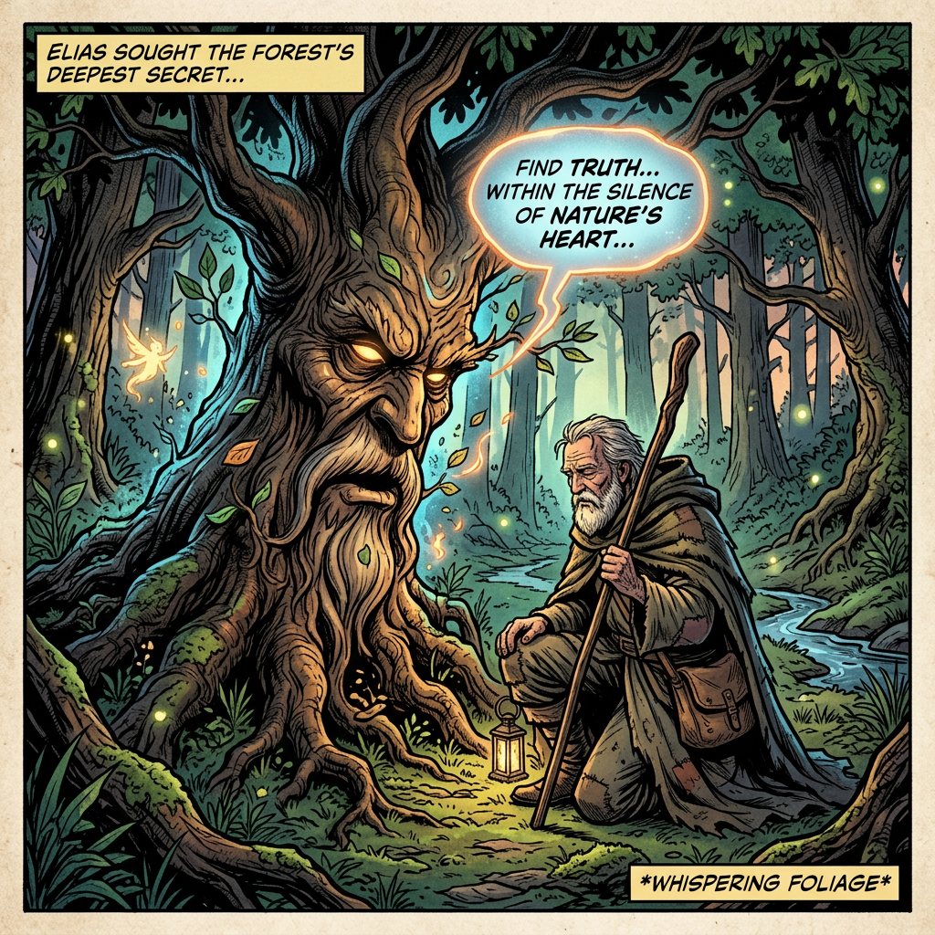 Old man kneeling with staff and lantern speaking to a large tree with a face in a forest