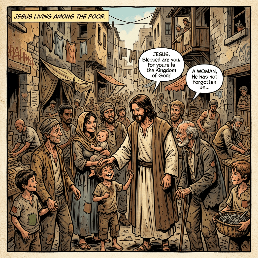 Jesus blessing children and villagers in a poor urban area with speech bubbles